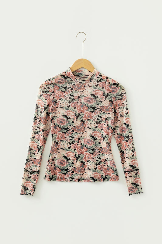 Black Retro Floral Print Mock Neck Mesh Long Sleeve Top