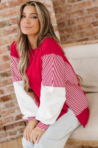 Dark Blue Striped Patchwork Sleeve Colorblock Sweatshirt