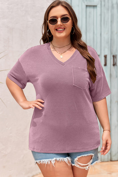 Black Textured V-Neck Dropped Shoulder Plus T-Shirt