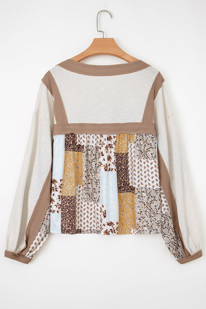 White Floral Printed Contrast Patchwork Long Sleeve Top