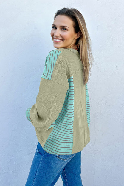 Dusk Blue Exposed Seam Waffle Striped Patchwork Baggy Pullover