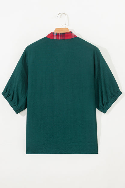 Evergreen Contrast Plaid Patchwork V Neck Half Sleeve Blouse