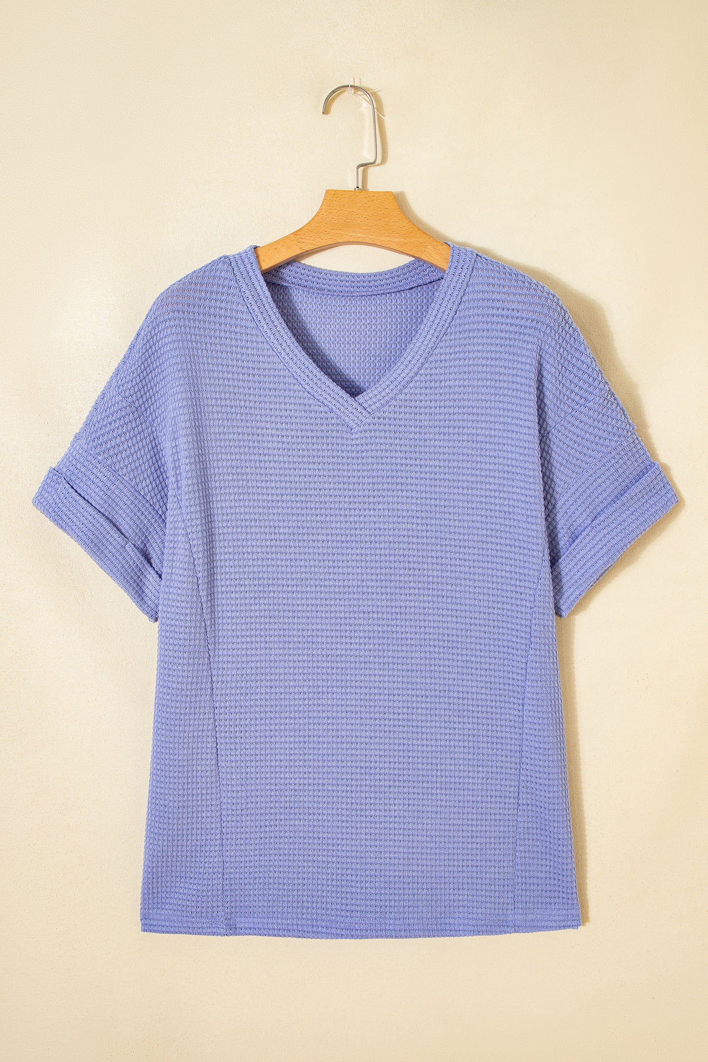 Clearly Aqua Waffle V Neck Short Sleeve Knit Top