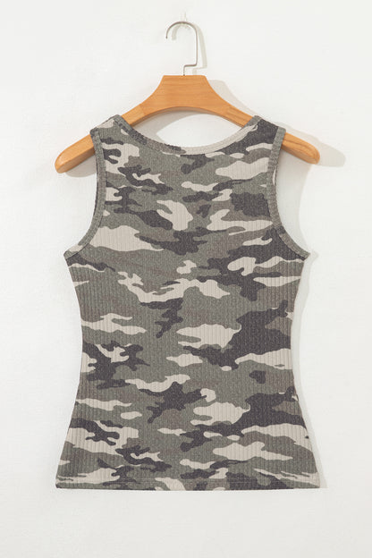 Green Camouflage Print Ribbed Knit Round Neck Tank Top