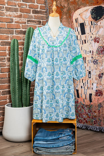 Sky Blue Boho Paisley Print Contrasted Patchwork Detail Bracelet Sleeve Loose Mini Dress