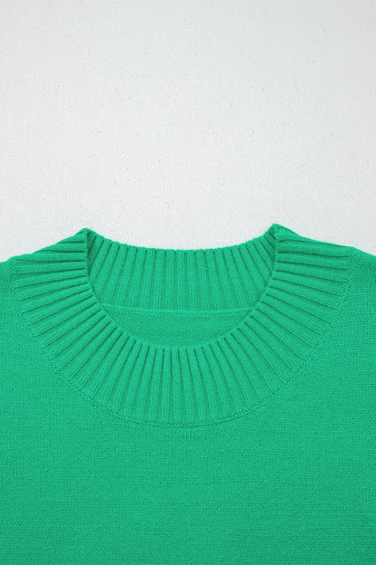 Beau Blue Solid Color Ribbed Trim Round Neck Ruffle Short Sleeve Sweater