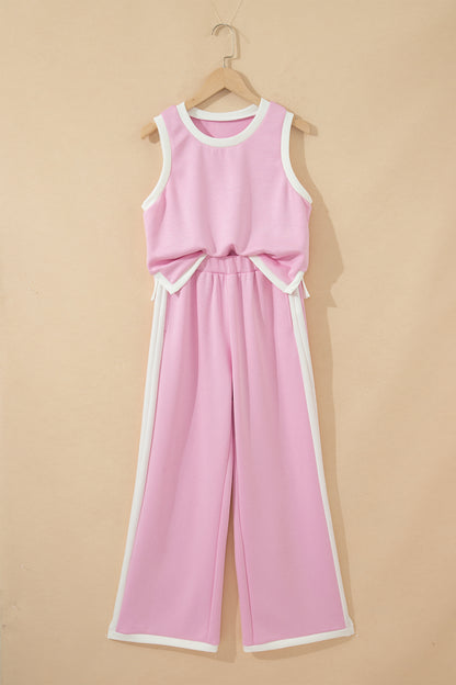 Pink Colorblock Trim Cropped Tank Elastic Waist Shift Pants 2pcs Set