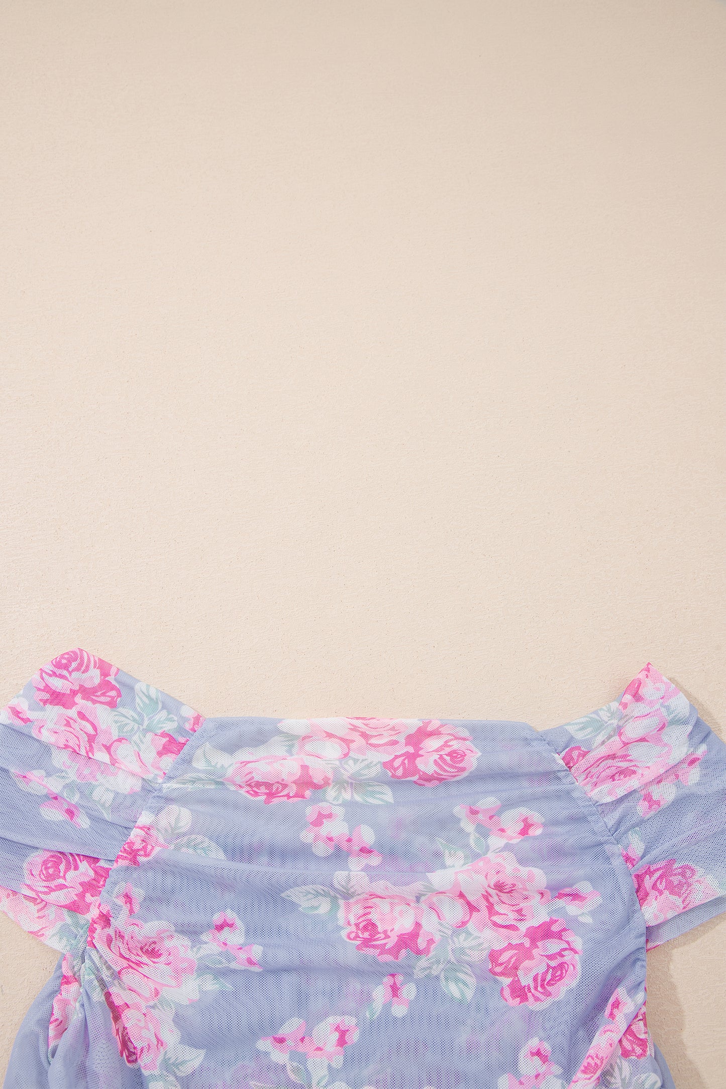 Sky Blue Square Neck Cap Sleeve Ruched Floral Mesh Top