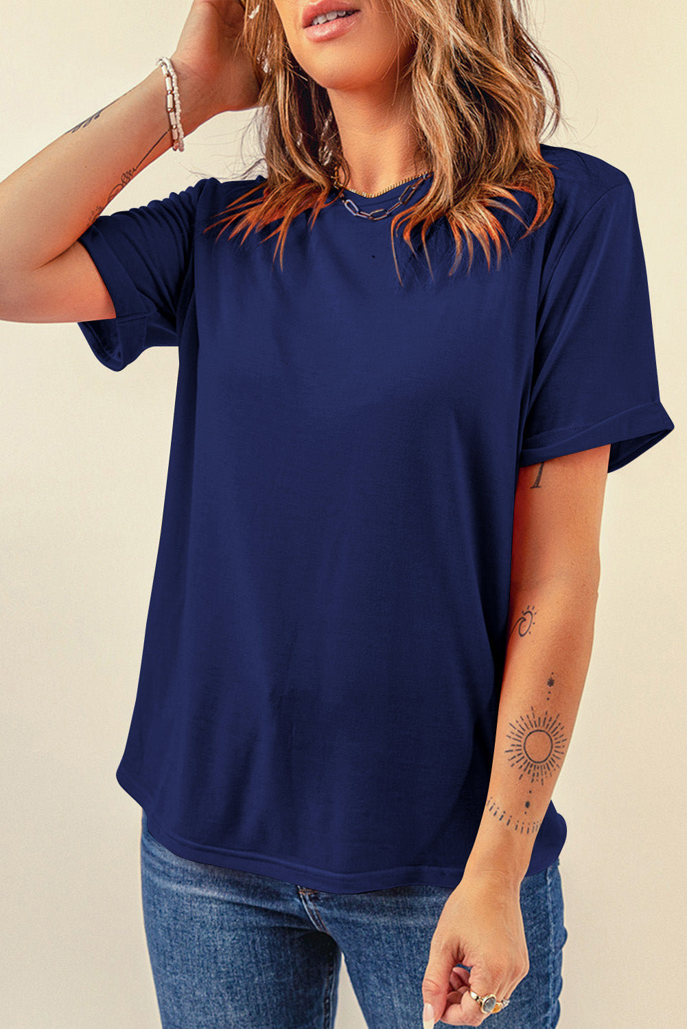 Red Casual Plain Crew Neck Tee