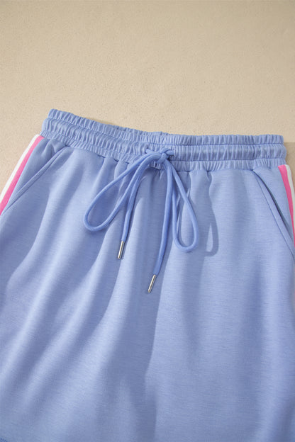 Sky Blue Preppy Striped Trim V Neck Polo Tee Drawstring Skirt Set