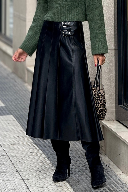 Black Faux Leather Retro Buckle Detail Pleated Stitch Flared Midi Skirt