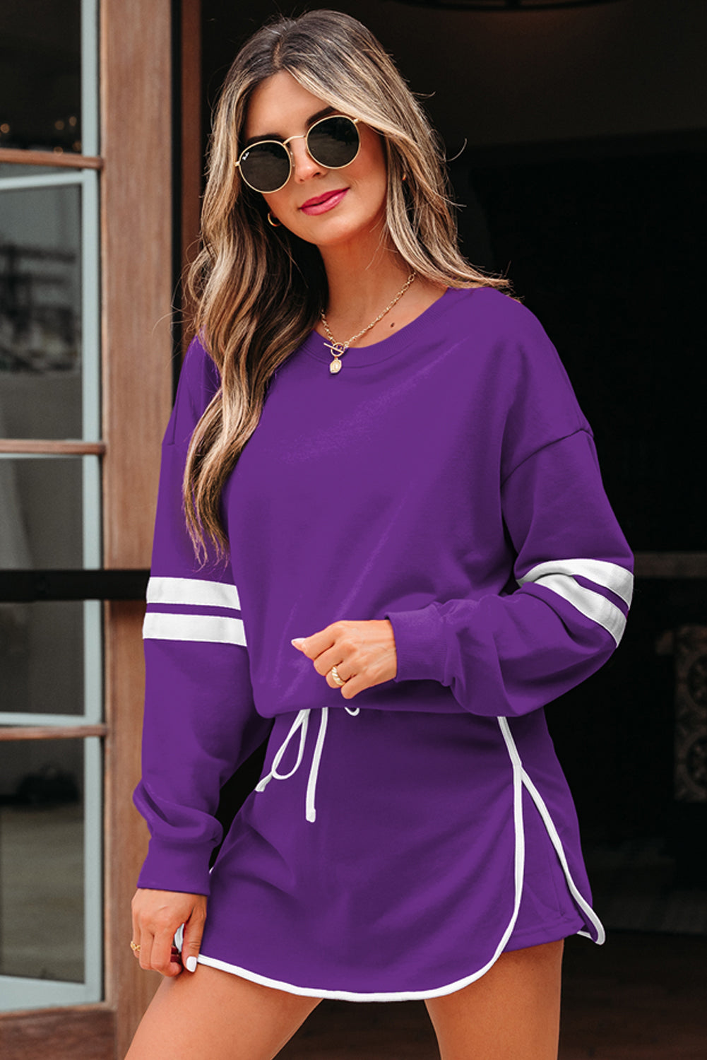 Sky Blue Varsity Stripe Detail Drop Shoulder Pullover Mini Skirt Set