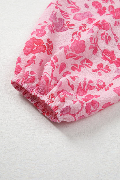 Pink Floral Puff Sleeve Split Neck Lightweight Blouse