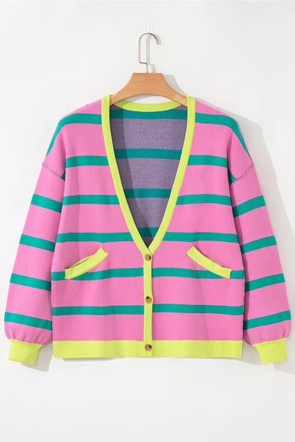 Pink Stripe Colorblock Drop Shoulder Buttoned Loose Cardigan