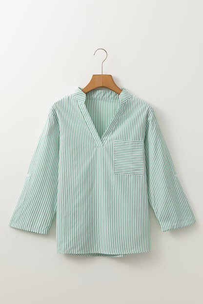 Brown Stripe V Neck Roll Up Sleeve Pocket Patched Classic Shirt