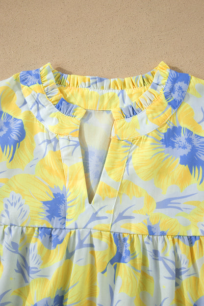 Pink Short Bubble Sleeve Summer Floral Blouse
