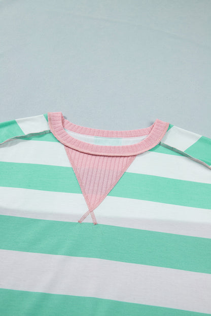 Pink Stripe Exposed Seam Ribbed Patchwork Oversized Tee