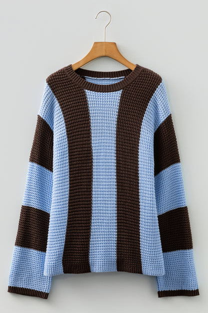 Fushia Striped Color Block Thermal Textured Knit Drop Shoulder Sweater