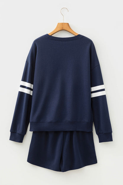Navy Blue Varsity Striped Sleeve Drop Shoulder Sweatshirt and Short Set