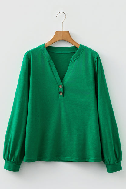 Racing Red Solid Color Button V Neck Long Sleeve Top