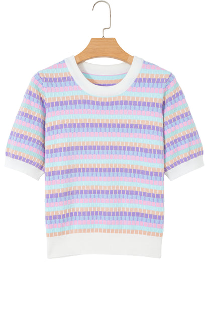 Orange Abstract Striped Knit Short Sleeve Sweater