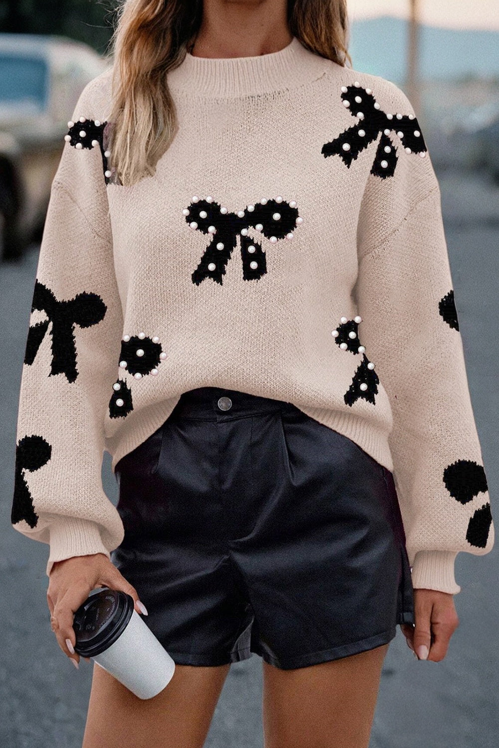 Racing Red Pearl Embellished Bow Pattern Loose Sweater