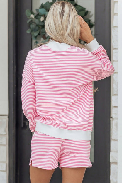 Sky Blue Stripe Oversize Mock Neck Sweatshirt and Shorts Set