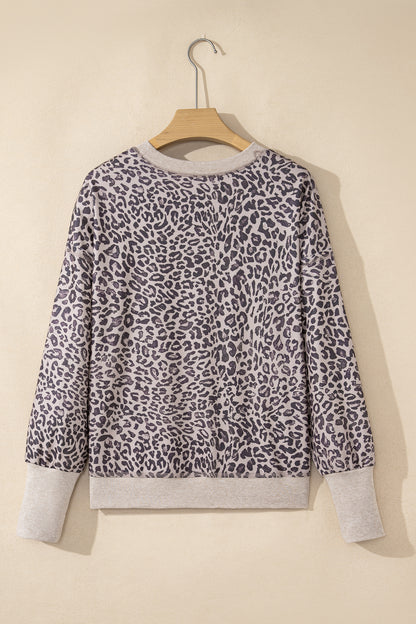 Pink Leopard Print Patchwork Crew Neck Sweatshirt