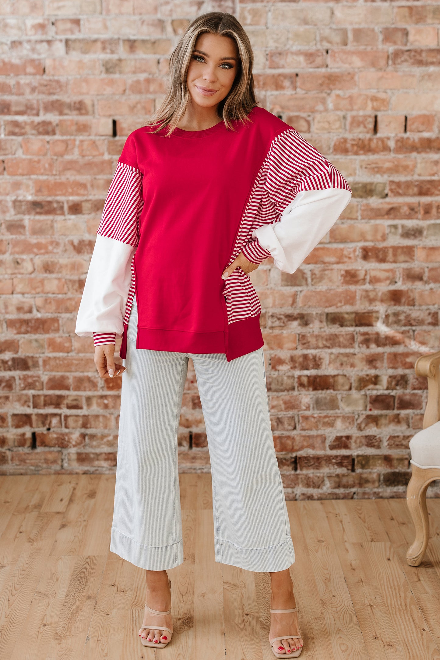 Dark Blue Striped Patchwork Sleeve Colorblock Sweatshirt