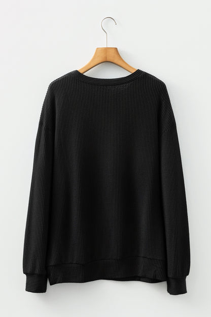 Black Twisted Rib Outlined Merry Letter Graphic Loose Long Sleeve Top