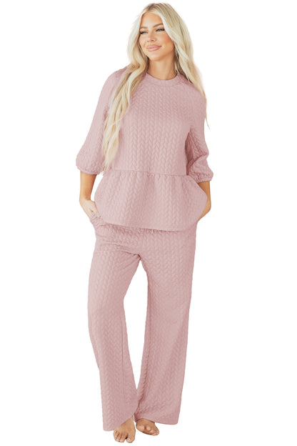 Delicacy Braided Texture Ruffle Hem Top Drawstring Loose Pants Set
