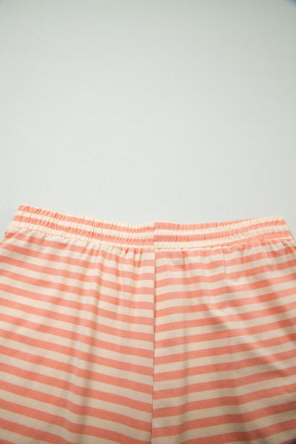 Pink Stripe Drop Shoulder T Shirt and Shorts Plus Size Summer Set