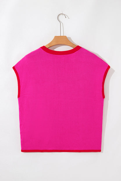 Rose Red Contrast Trim Round Neck Short Sleeve Loose Knit Sweater