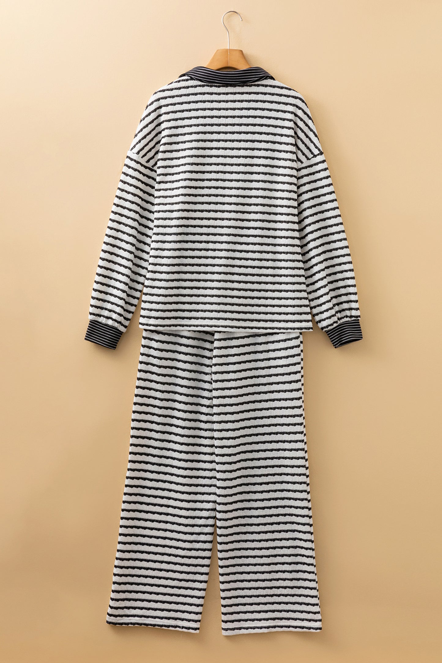 Sky Blue Stripe Collared Pullover Top and Drawstring Pant Set