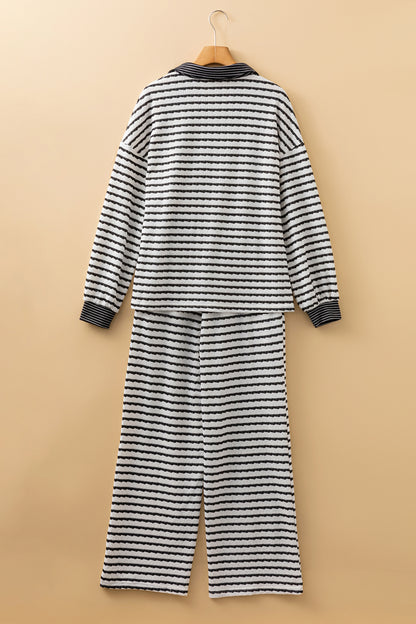 Sky Blue Stripe Collared Pullover Top and Drawstring Pant Set