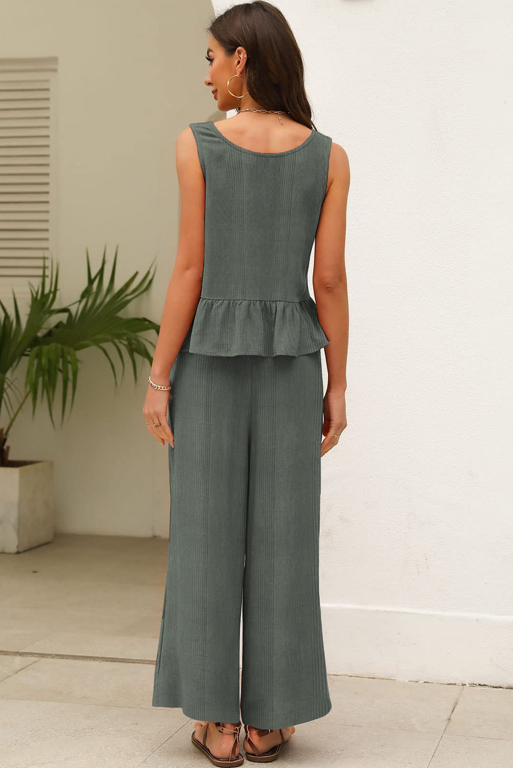 Black Solid Color Ribbed Ruffle Tank Top and Pants Set