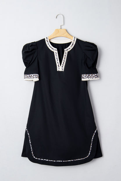 Black Leopard Trim Notched Neck Short Puff Sleeve Shift Mini Dress