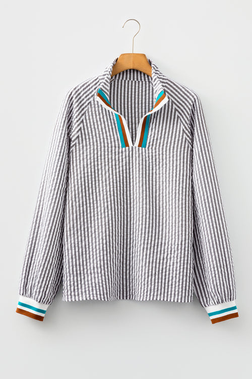 Dark Grey Striped Print Contrast Patchwork Detail Split Neck Blouse
