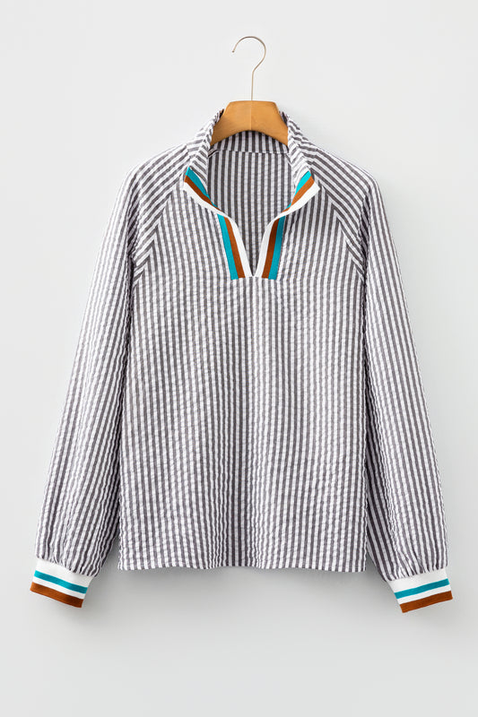 Dark Grey Striped Print Contrast Patchwork Detail Split Neck Blouse