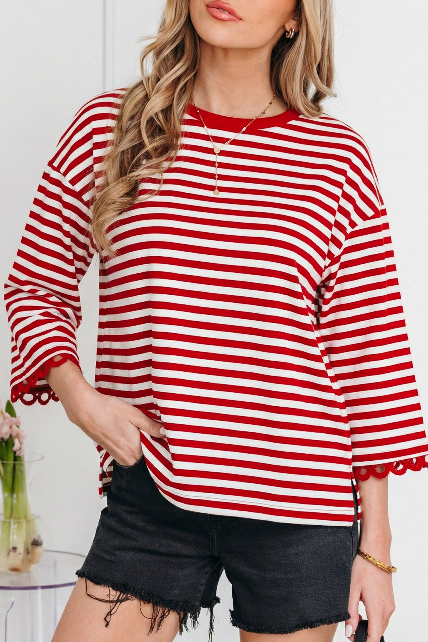 Sachet Pink Striped Print Drop Shoulder Lace Trim Bracelet Sleeve Loose Top