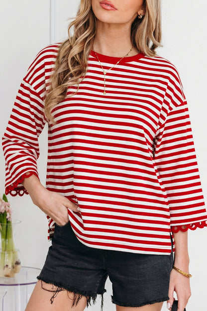 Sachet Pink Striped Print Drop Shoulder Lace Trim Bracelet Sleeve Loose Top