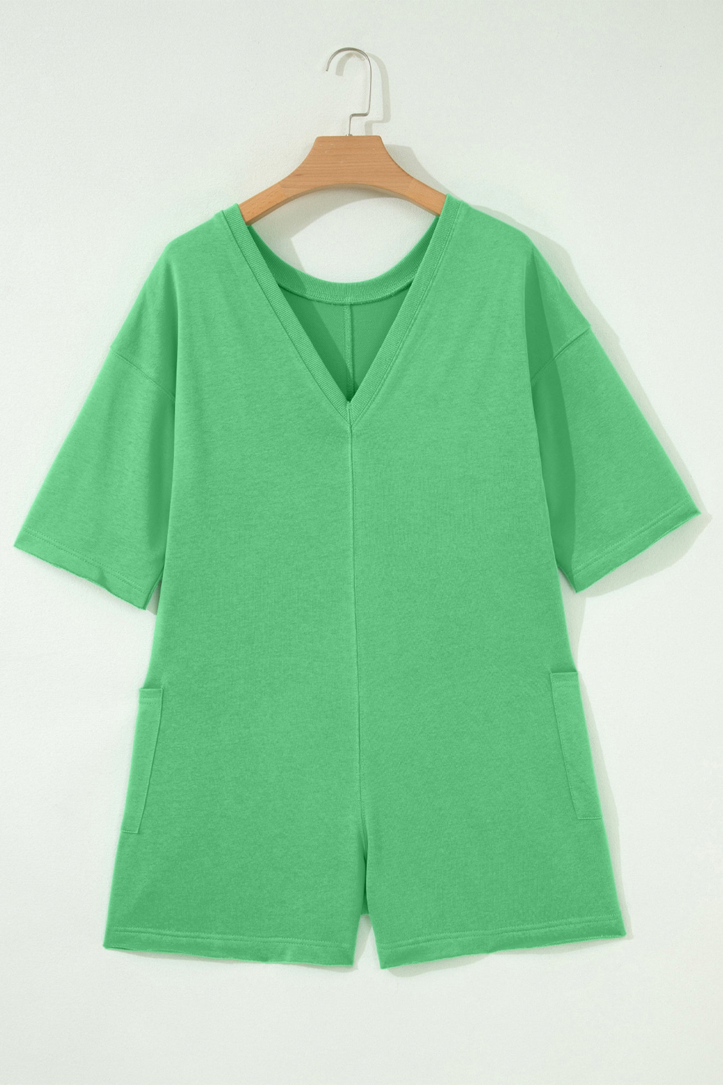 Fiery Red Solid Color Raw Edge Half Sleeve Pocketed Loose Romper