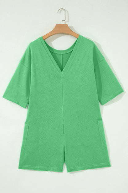 Fiery Red Solid Color Raw Edge Half Sleeve Pocketed Loose Romper