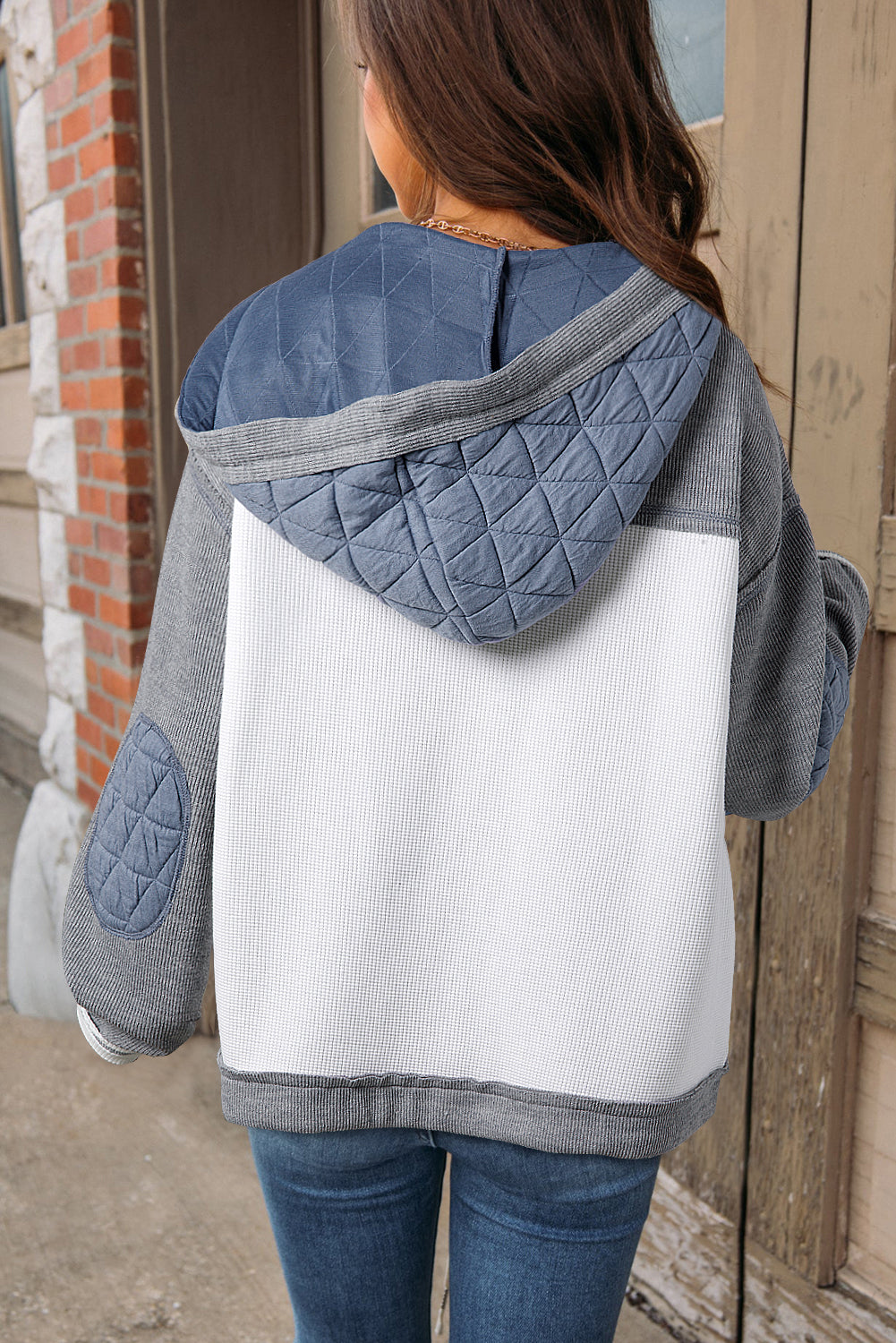 Beige Quilted Textured Patchwork Loose Fit Hooded Jacket