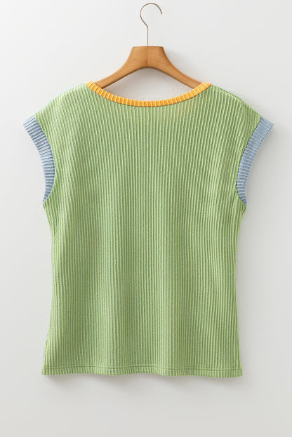 White Color Block Corded Knit Crew Neck Tee
