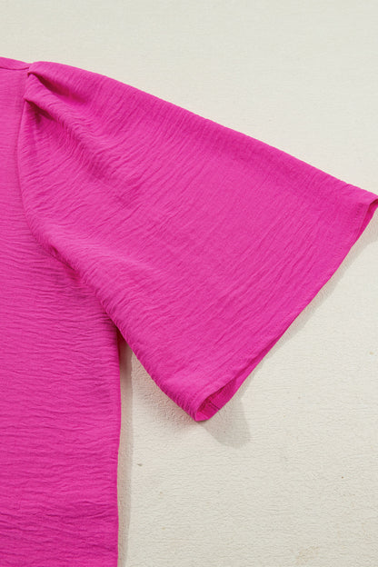 Rose Red Contrast V Neck Colorblock Wide Short Sleeve Top