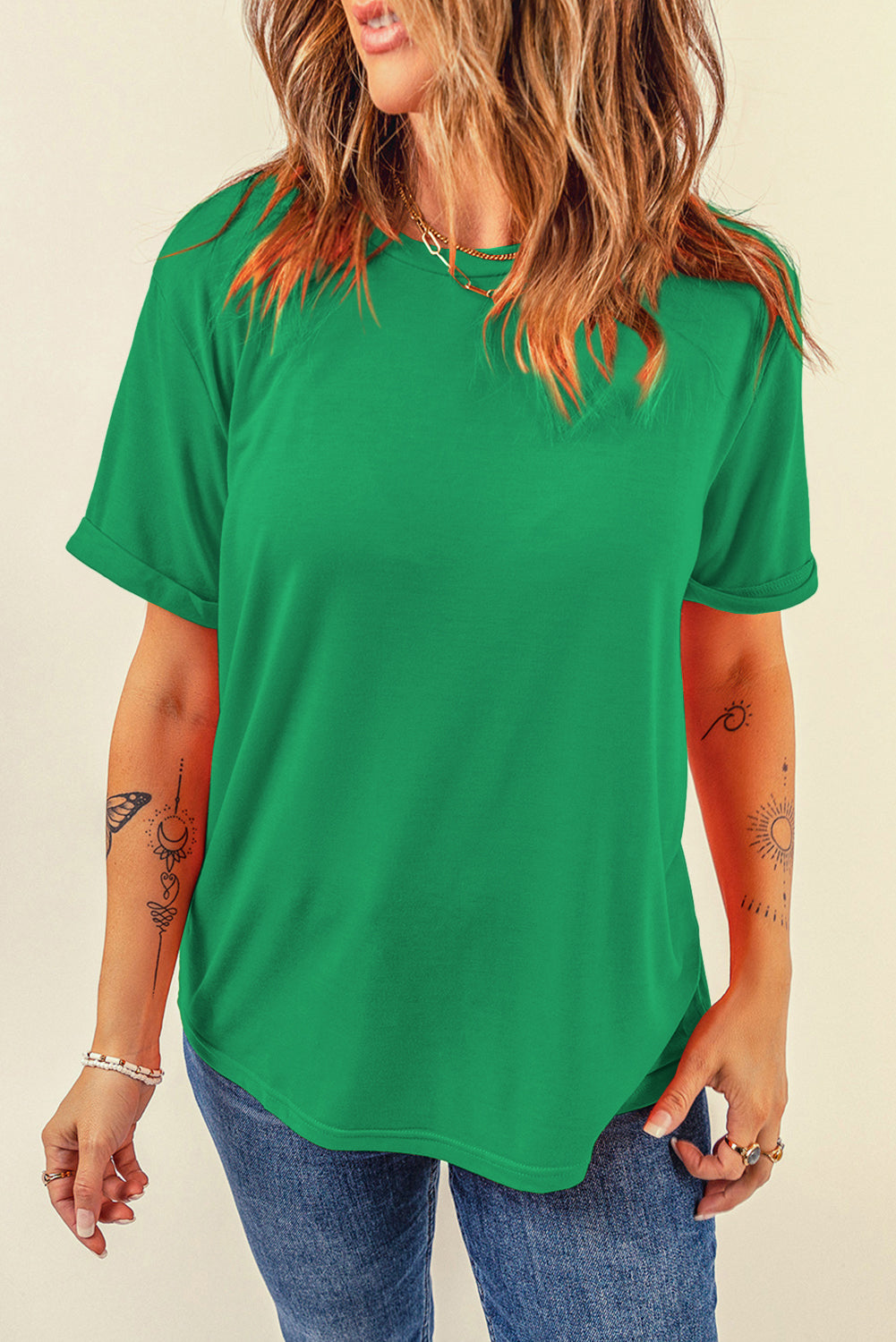 Red Casual Plain Crew Neck Tee