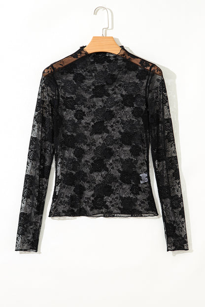 White Sheer Floral Lace Mesh Mock Neck Long Sleeve Top