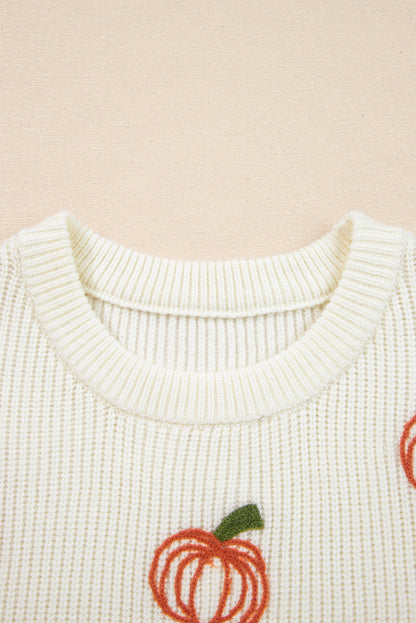 Beige Pumpkin Embroidered Ribbed Thanksgiving Halloween Holiday Sweater