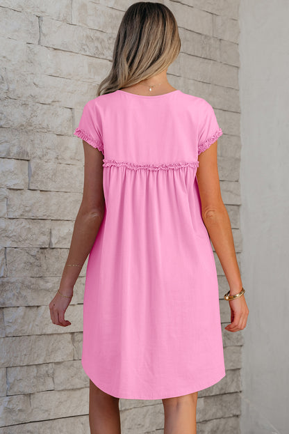 Oatmeal Frilled Trim Crew Neck Loose Fit Mini Dress